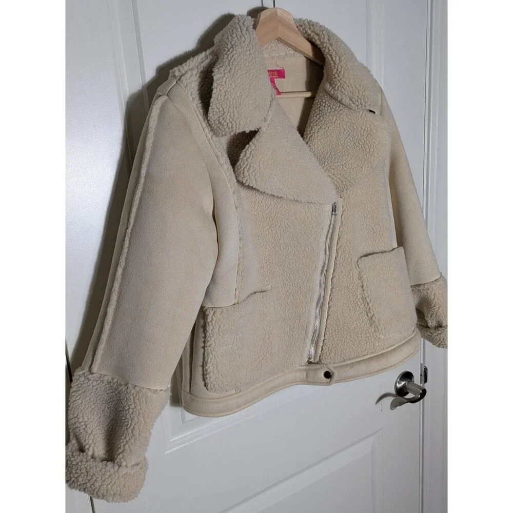 Catherine Malandrino Faux Shearling Moto Jacket Medium Beige Suede Zip - Picture 3 of 10